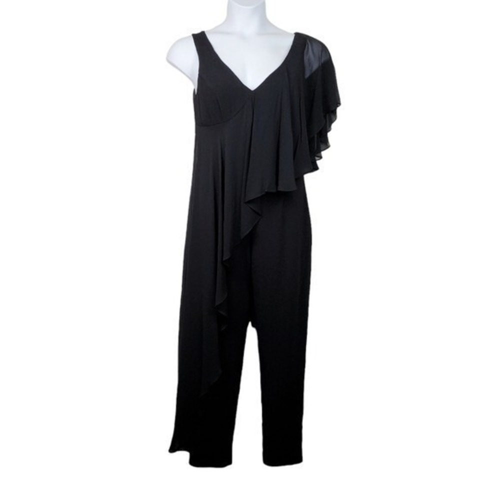 Trina Turk Womens April Black Silk V-Neck Asymmetrical Drape Jumpsuit Size 6 NWT